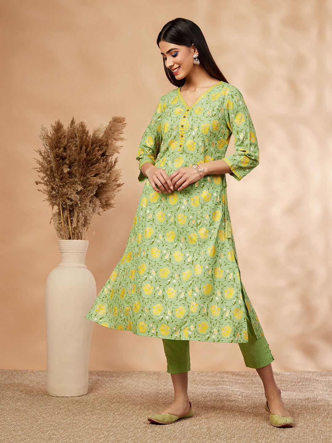 Lime Green Floral Print A-Line Kurta