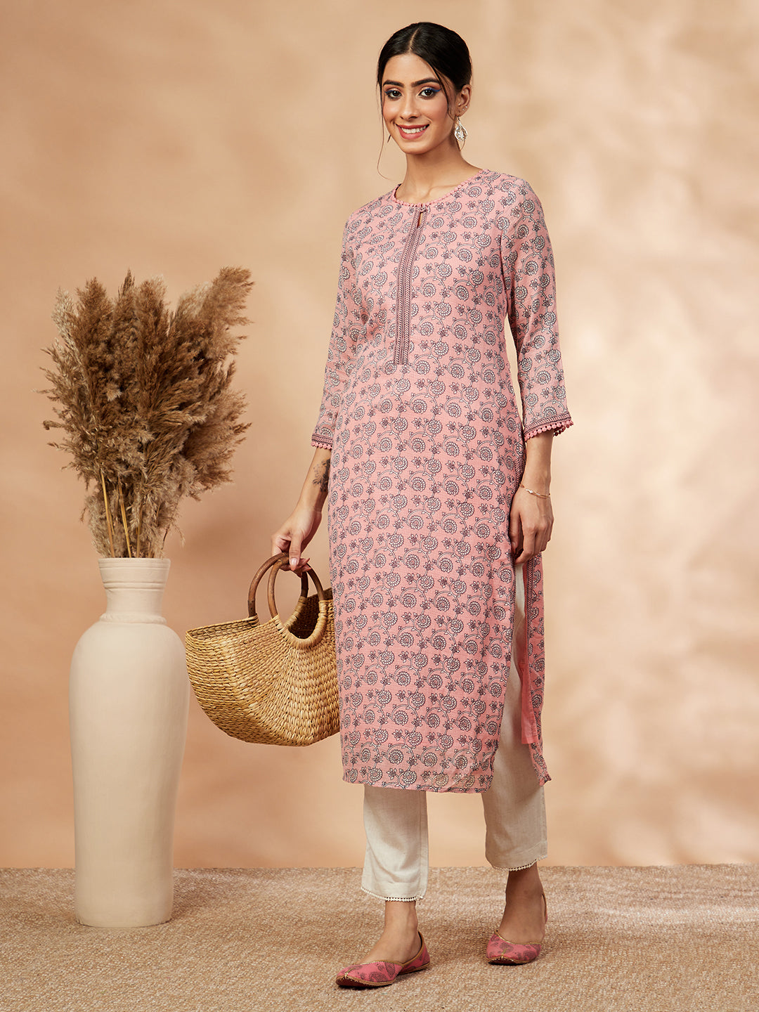 Light Pink Floral Print Straight Kurta