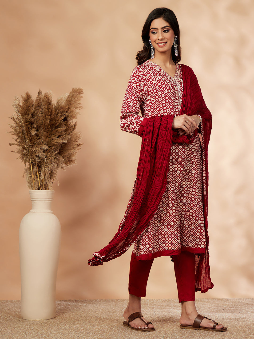 Red Printed A-Line Kurta Set