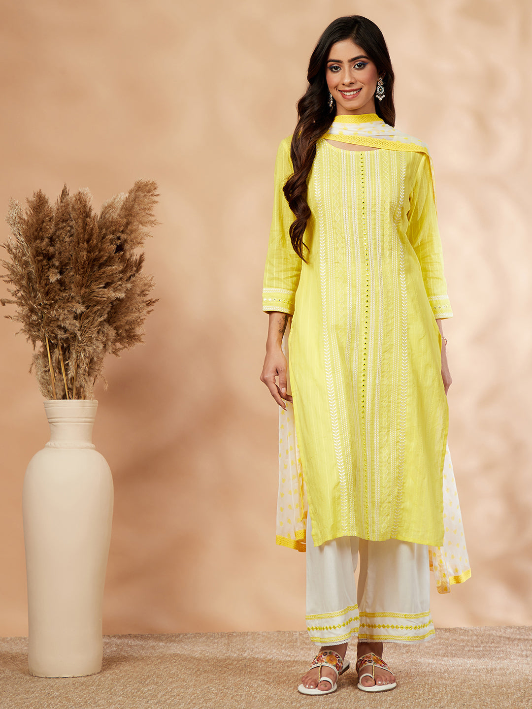 Yellow Embroidered Cotton Kurta Set