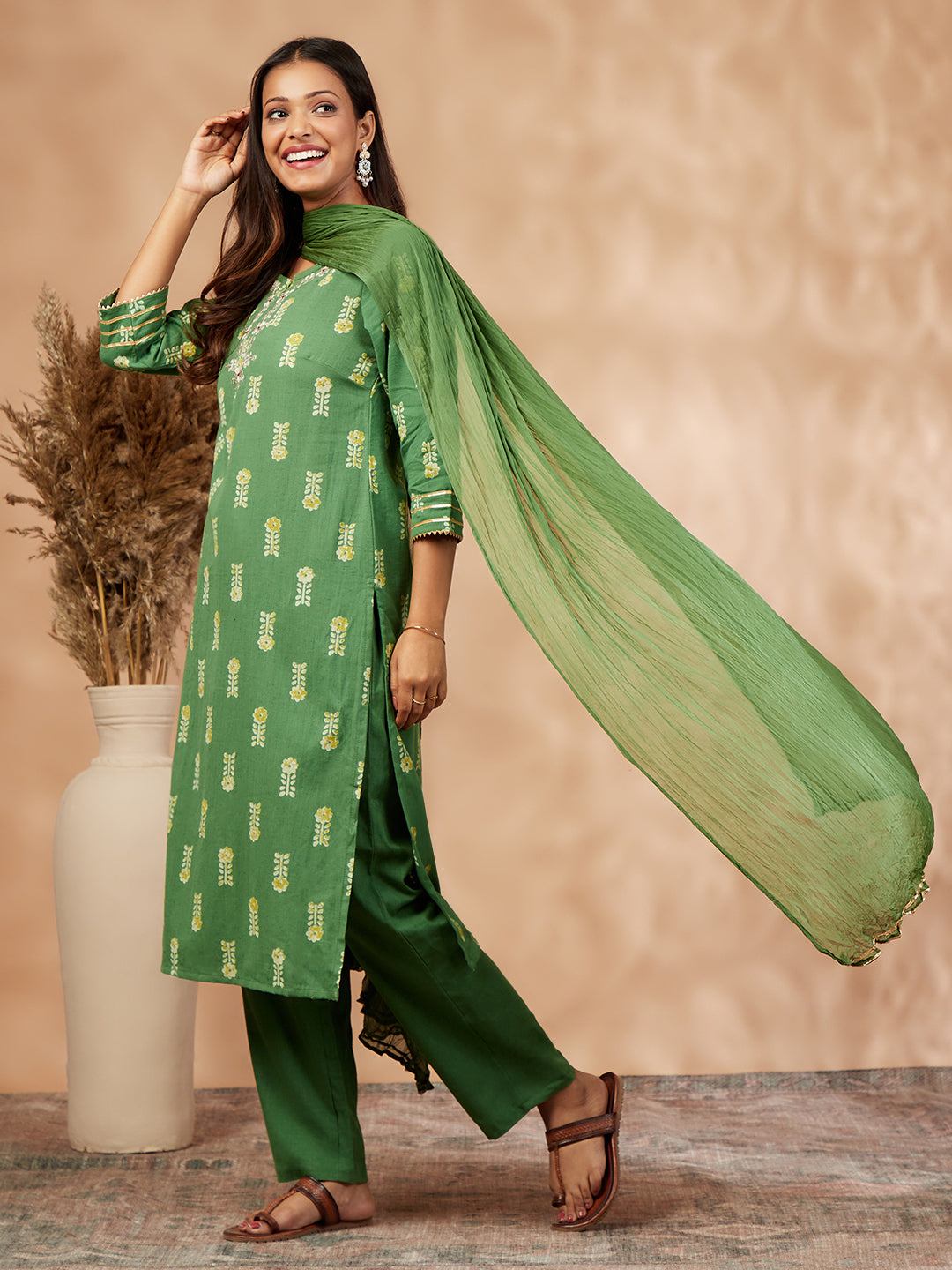 Green Printed Kurta Set