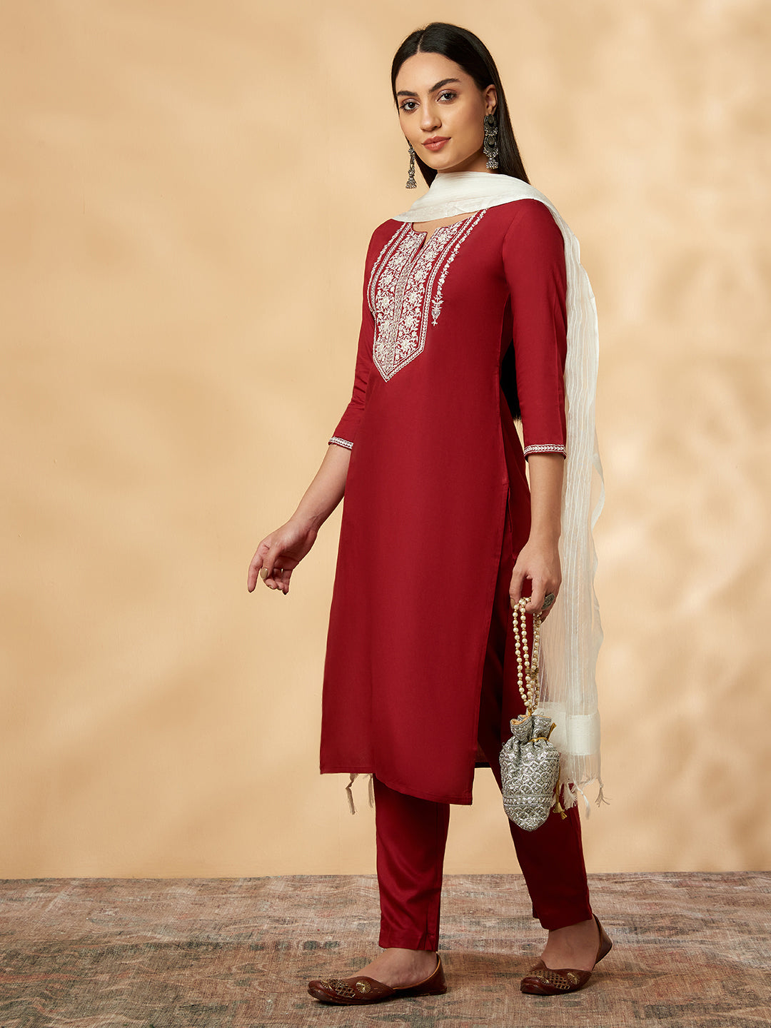 Maroon Embroidered Straight Kurta Set