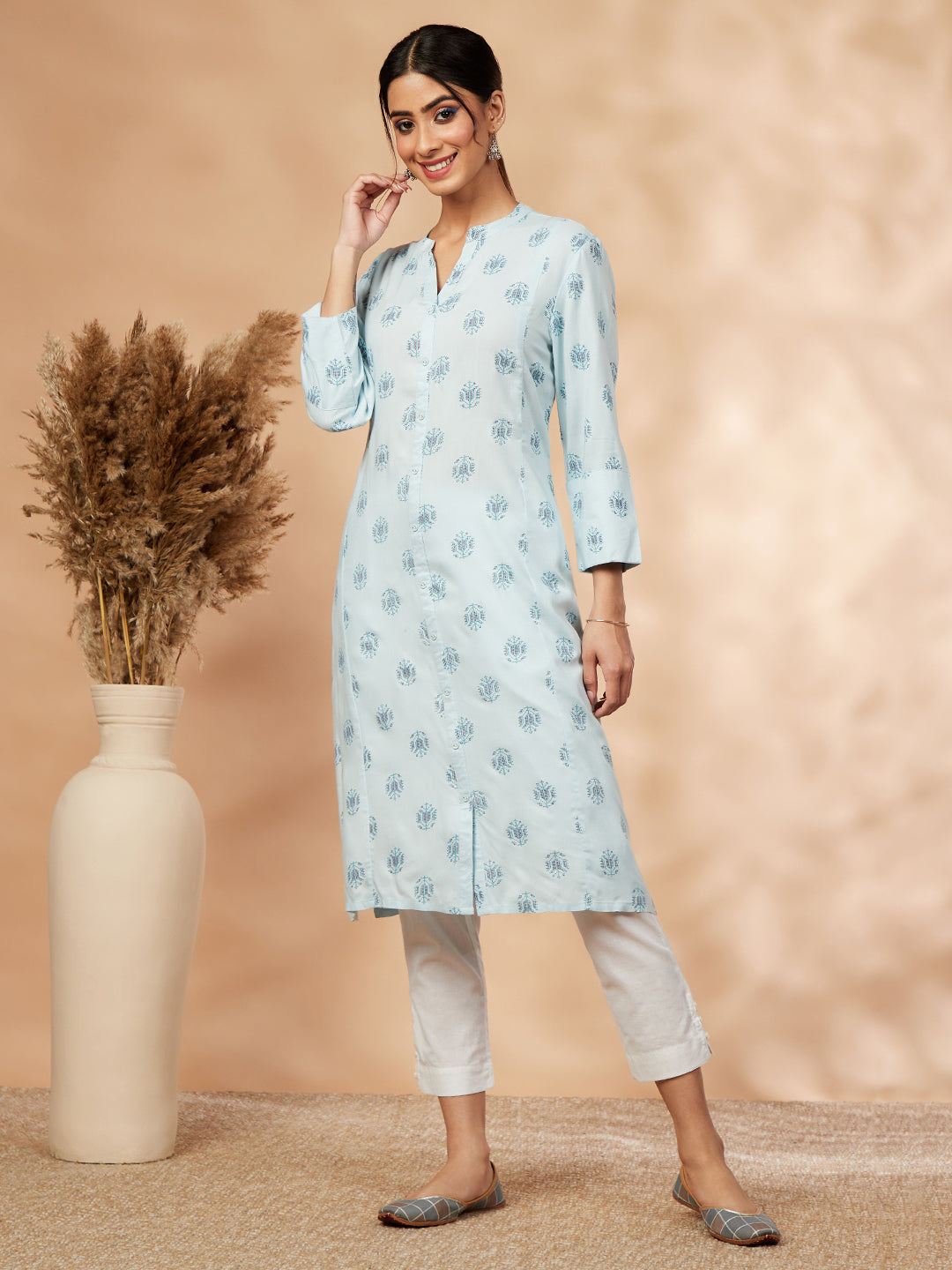 Light Blue Print Straight Kurta