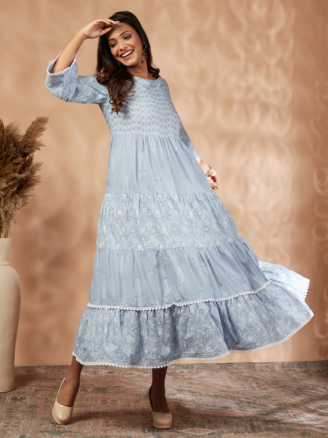 Light Blue Printed Tiered Dress