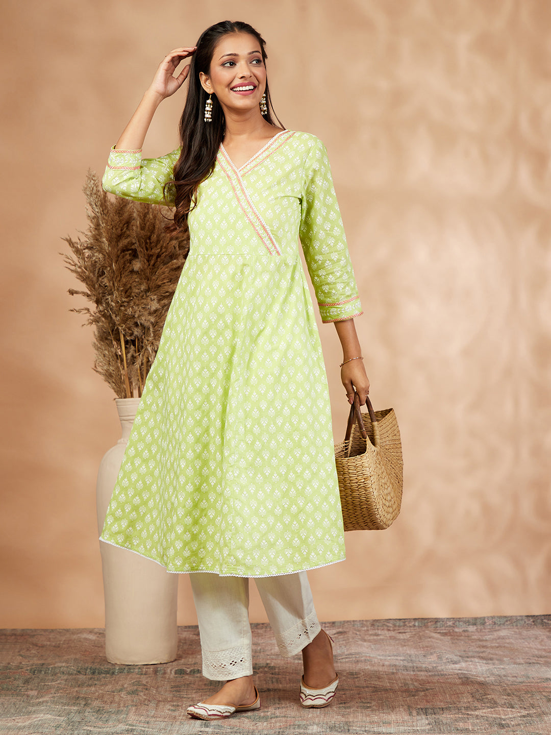 Printed Lime Green Gathered  Kurta