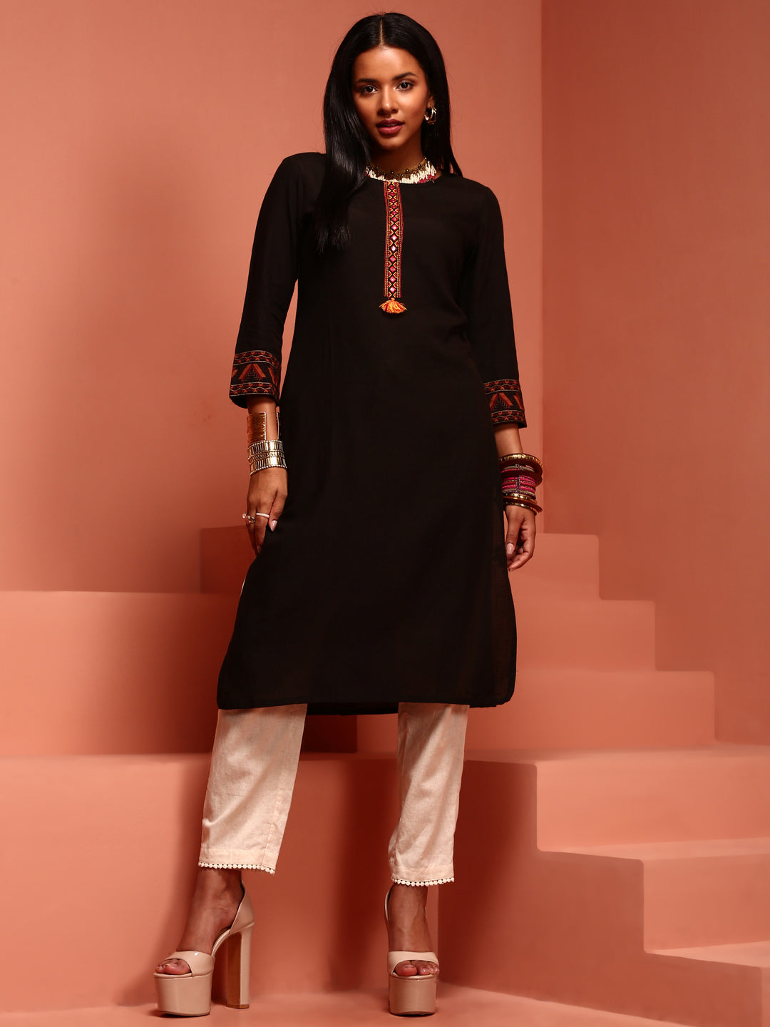 Black Embroidered Straight Kurta