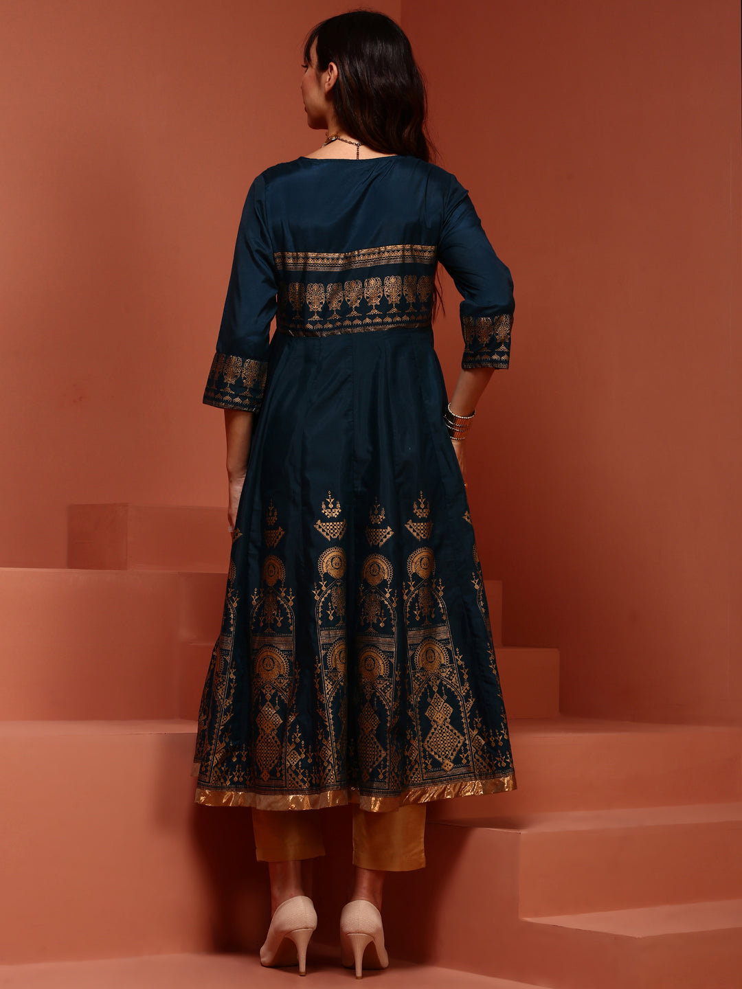 Teal Printed Shantoon Kalidar Kurta