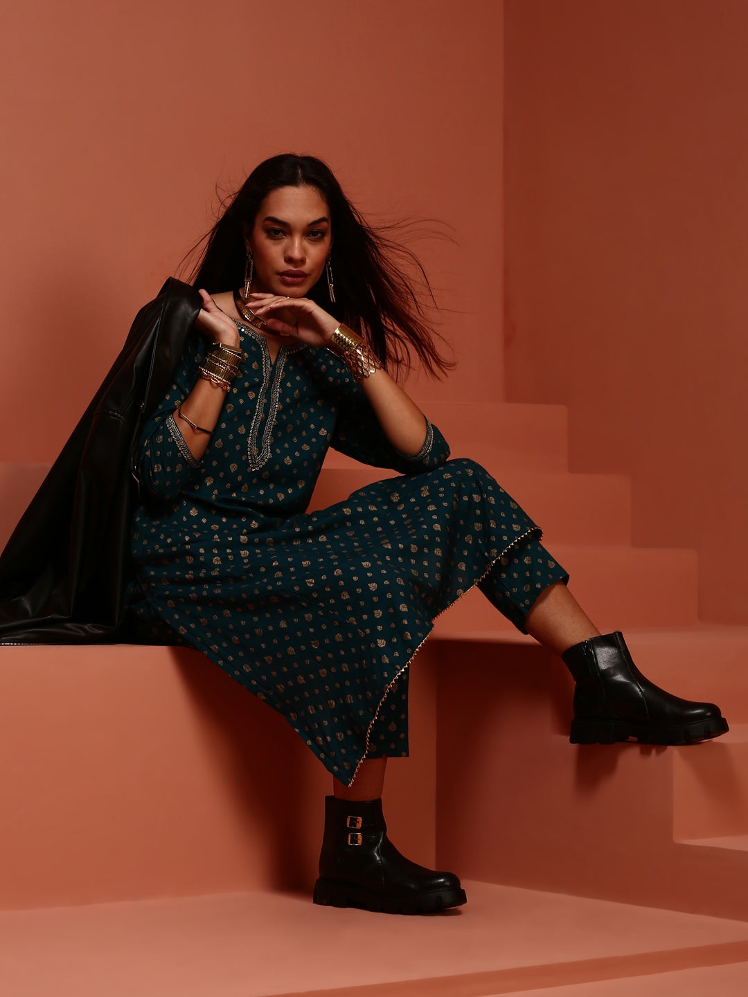 Teal Printed Rayon Kurta Set