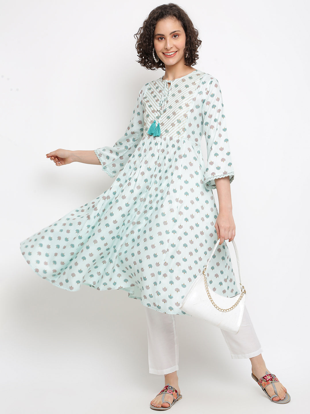 Floral Printed Blue Kurta