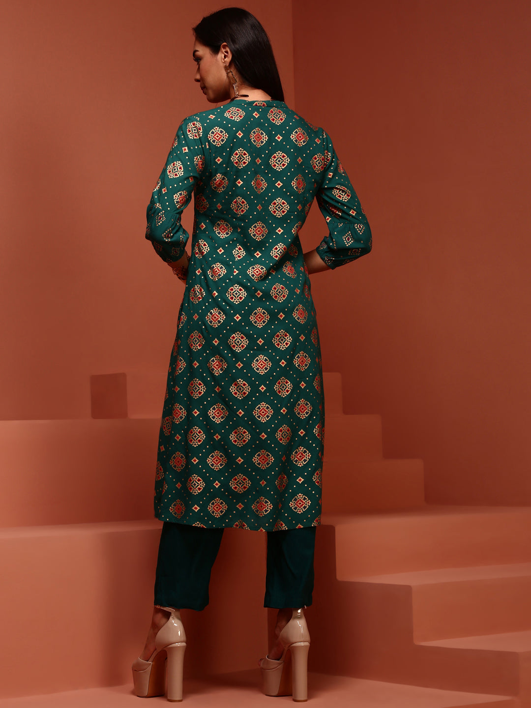 Green Printed A-line Kurta