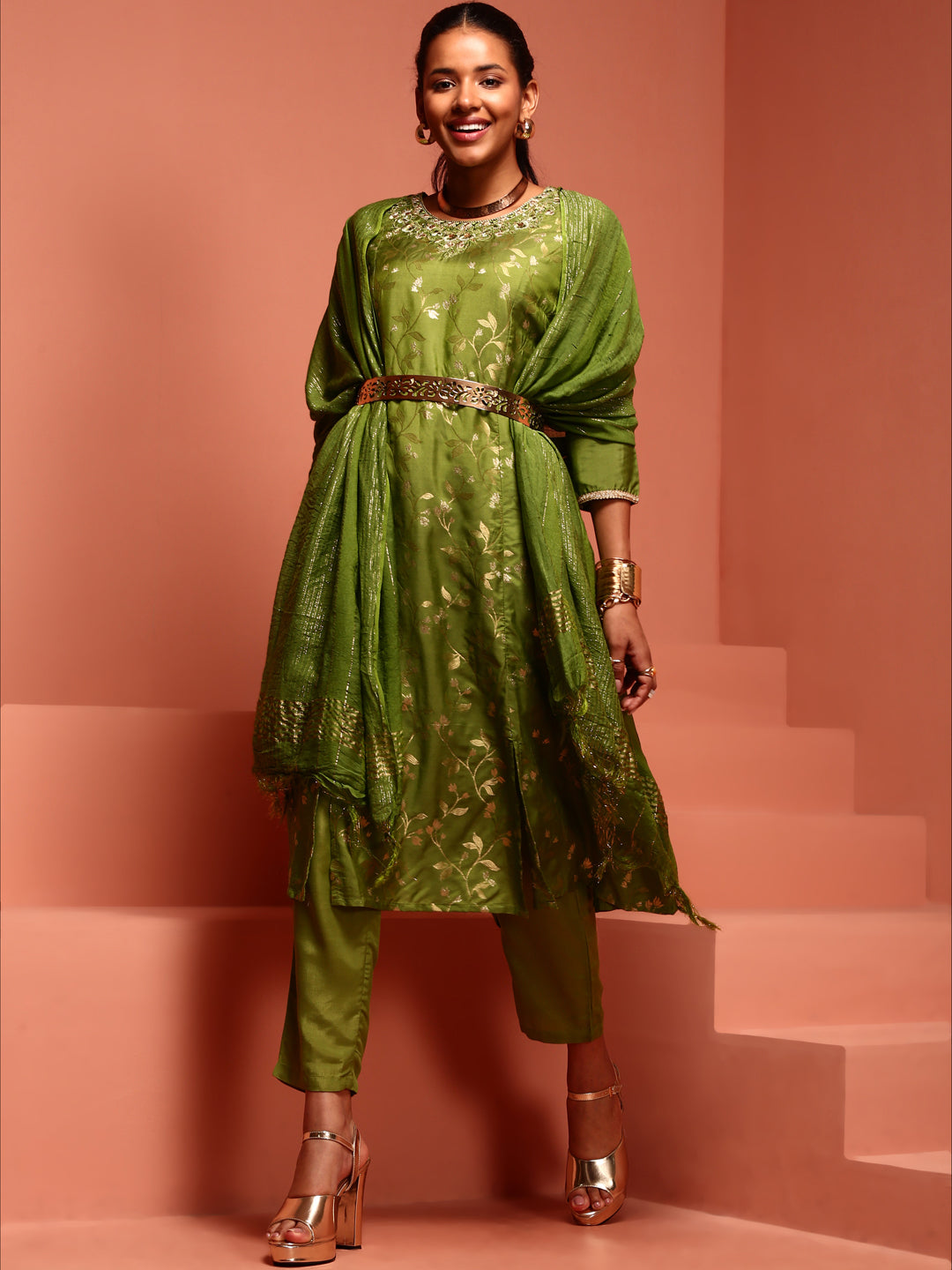 Green Jaquard A-Line Chanderi Kurta Set