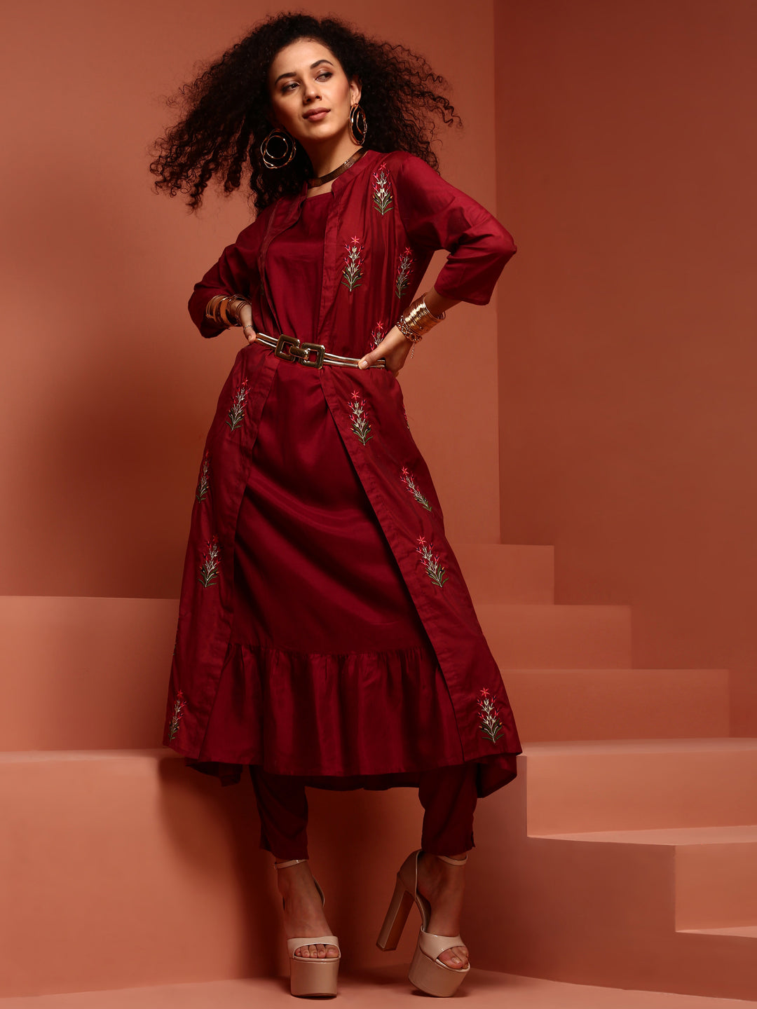 Maroon Embroidered Kurta Set With Jacket