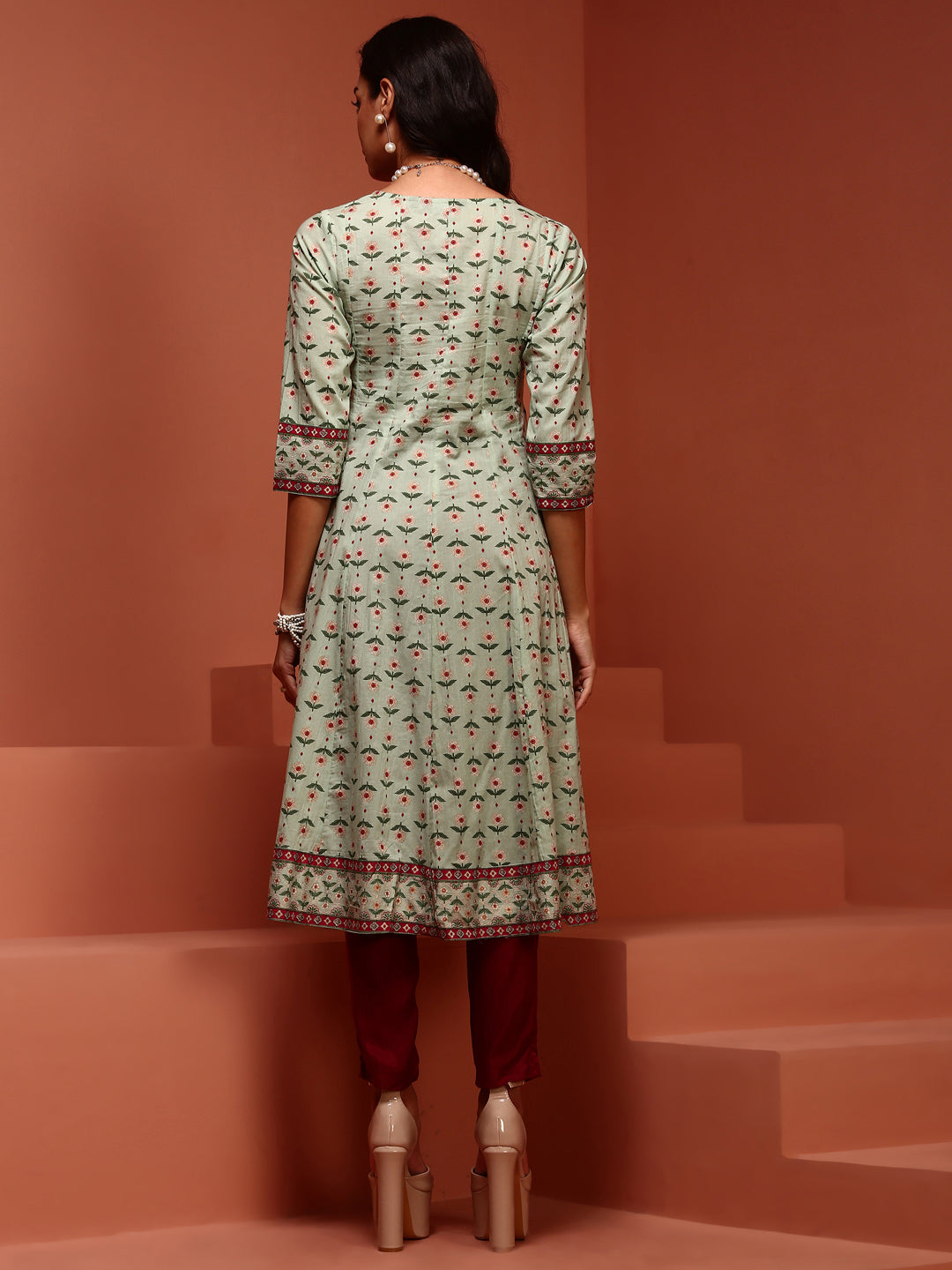 Mint Printed Pure Cotton Kalidar Kurta