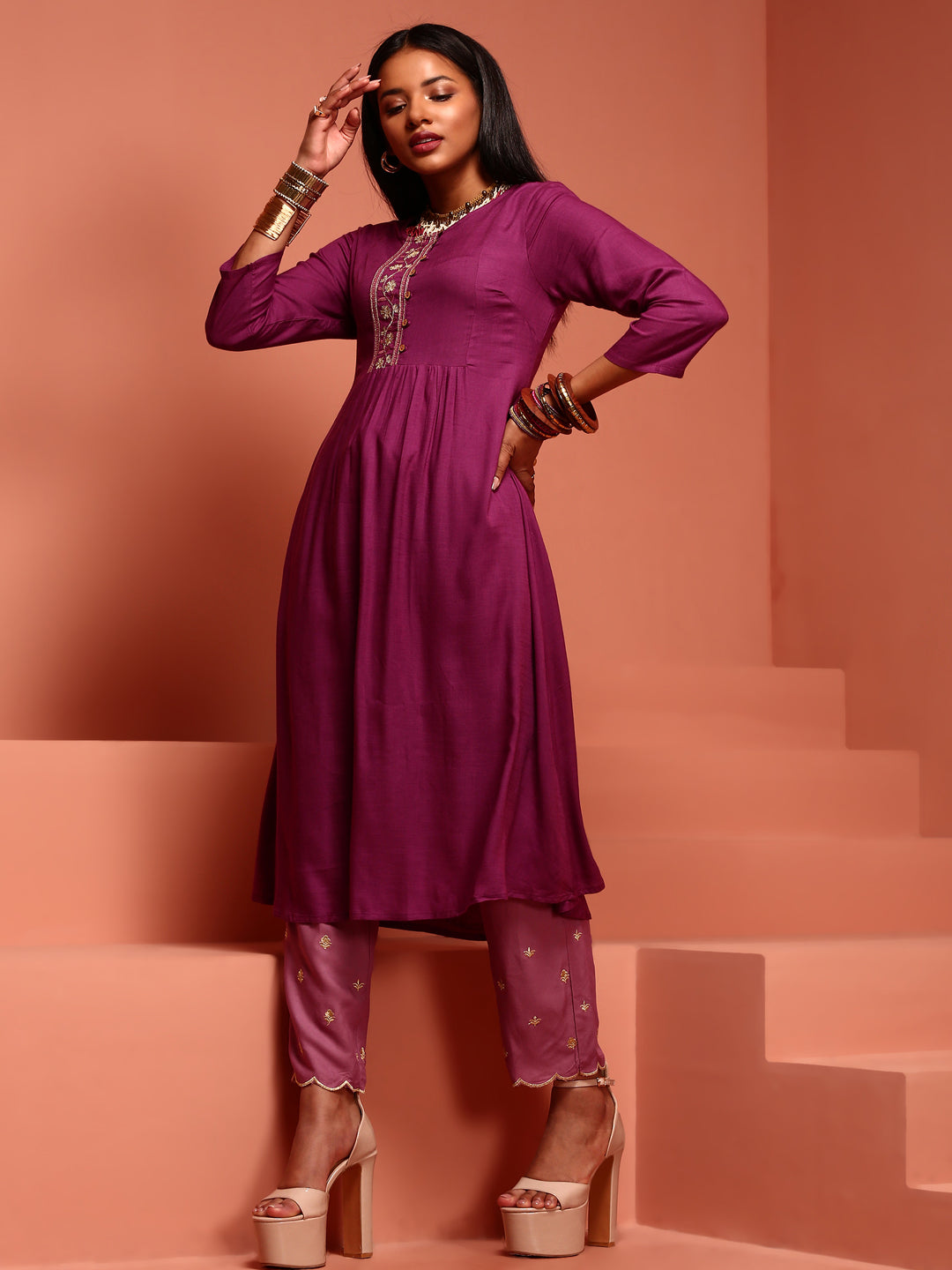 Purple Embroidered Kurta Set