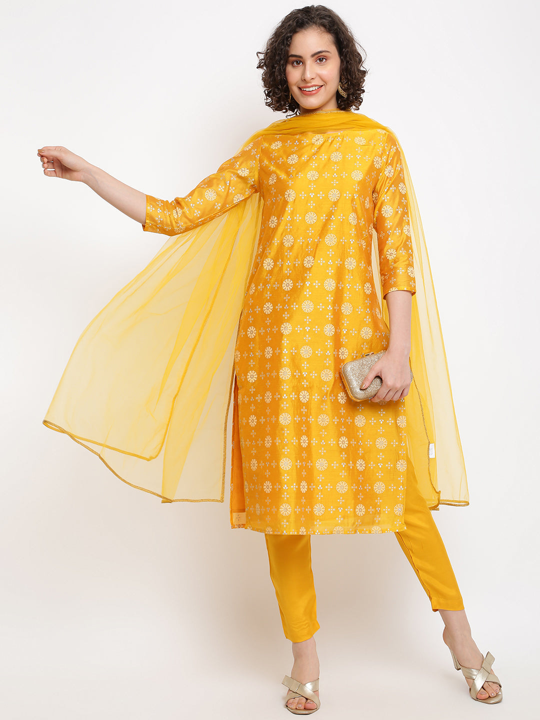 Mustard Yellow Printed Kurta Set