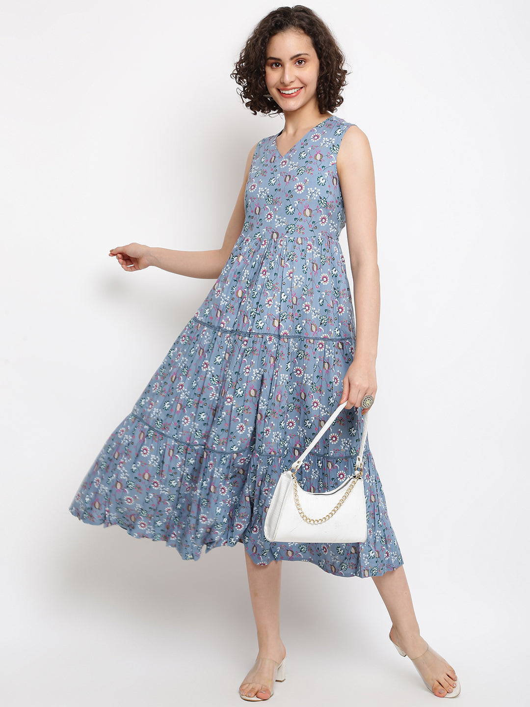 Printed Blue Tiered Dress
