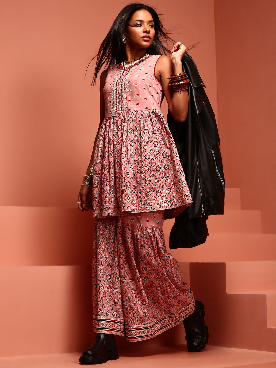 Cotton Pink Printed Kurta- Sharara Set