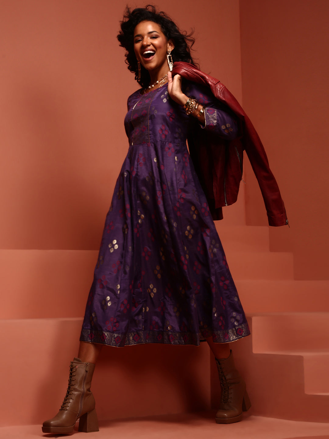 Violet Printed Shantoon Kalidar Kurta