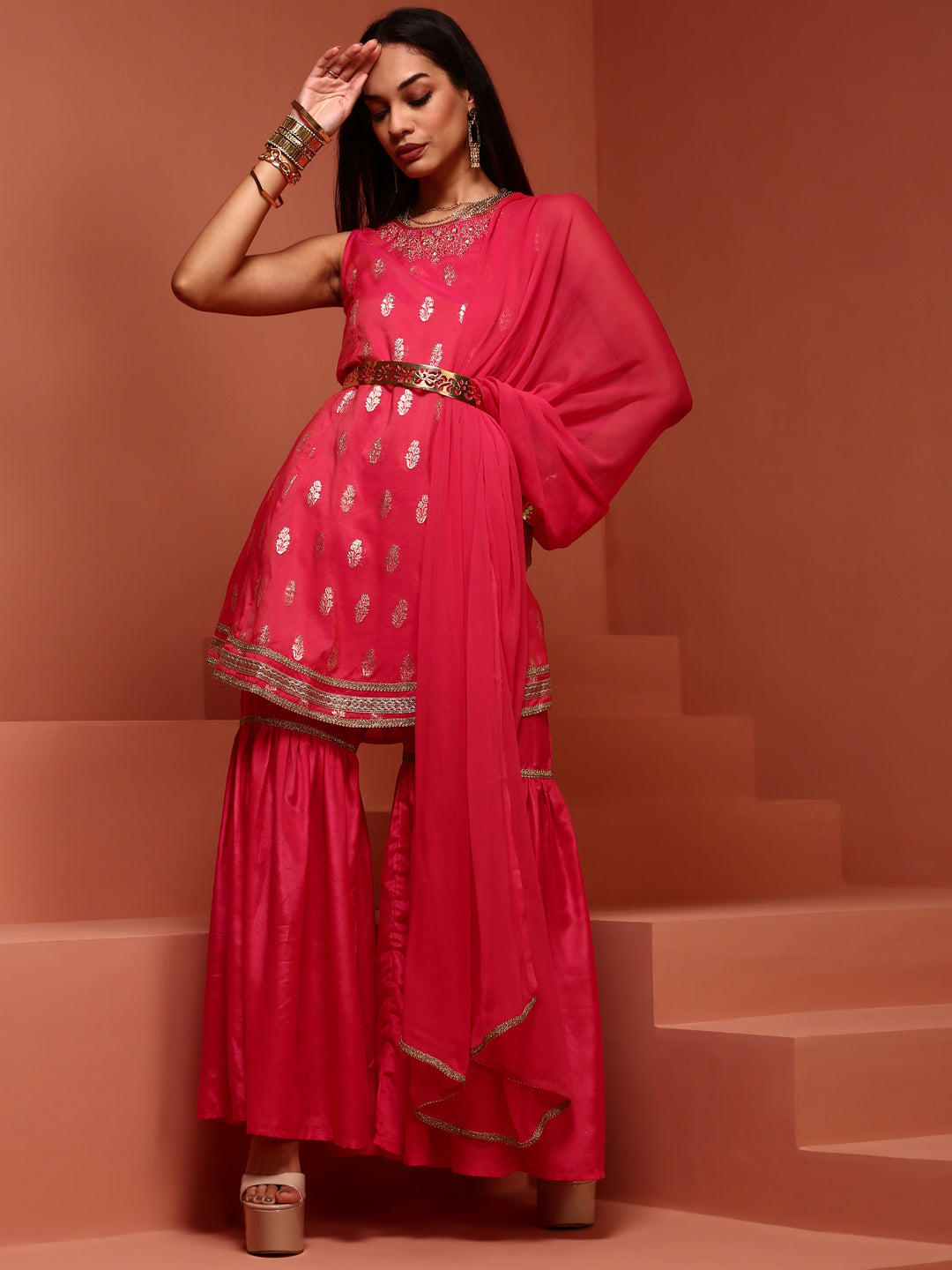 Fuchsia Chanderi Jaquard A-line Kurta Set