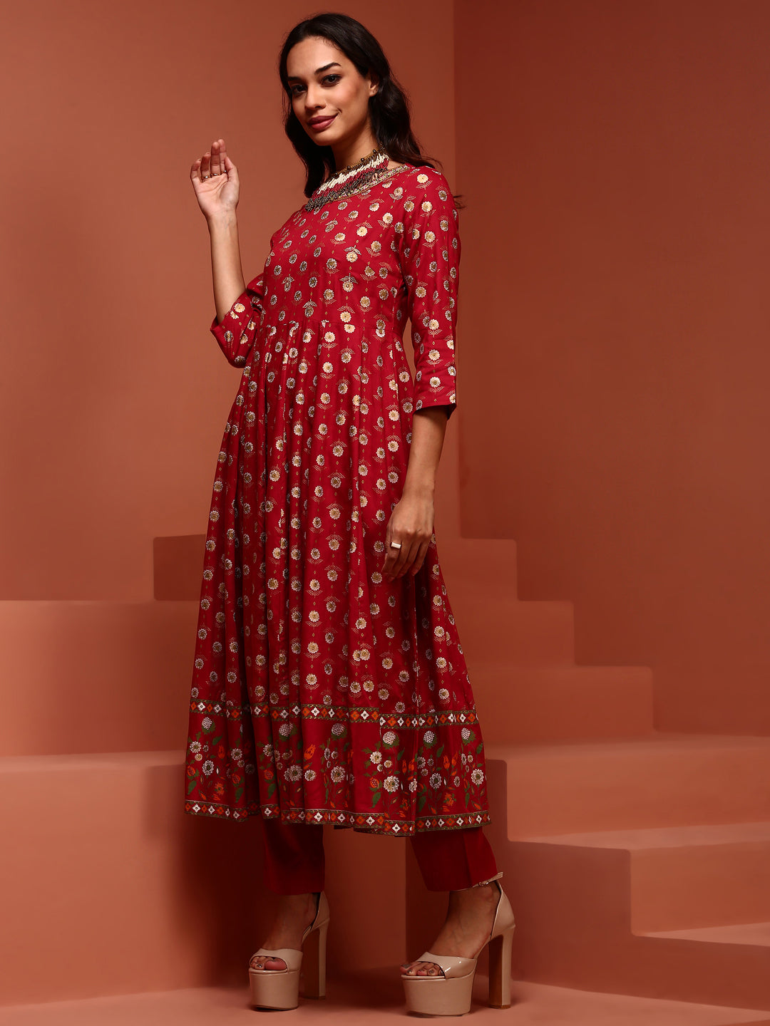 Red Printed Rayon Kalidar Kurta Set