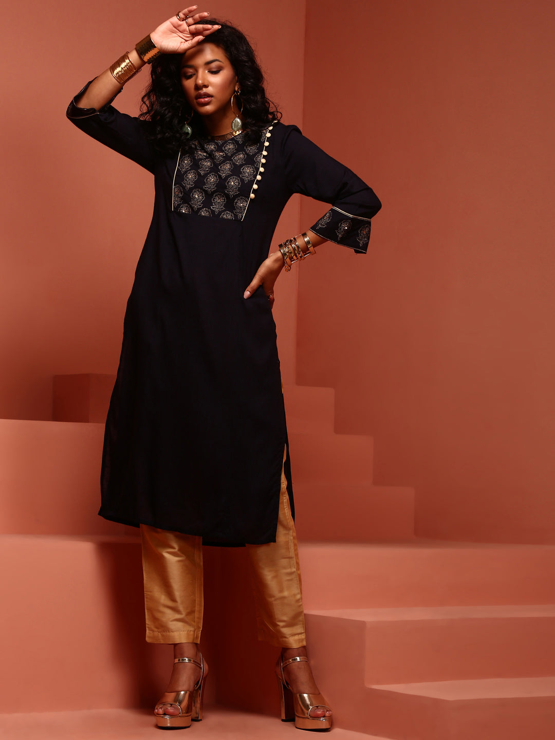 Navy Straight Embroidered Kurta