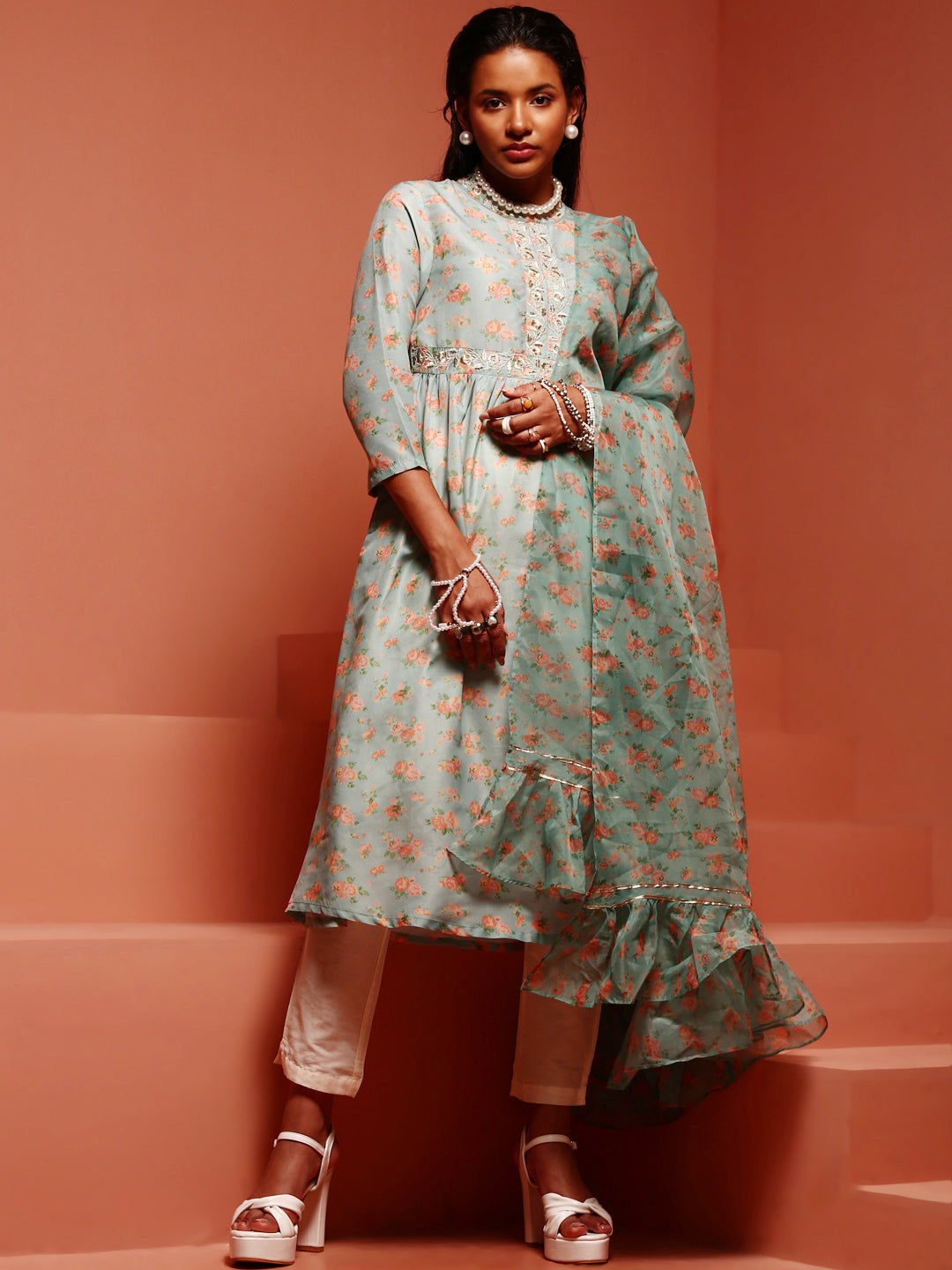 Mint Printed Muslin Gathered Kurta Set