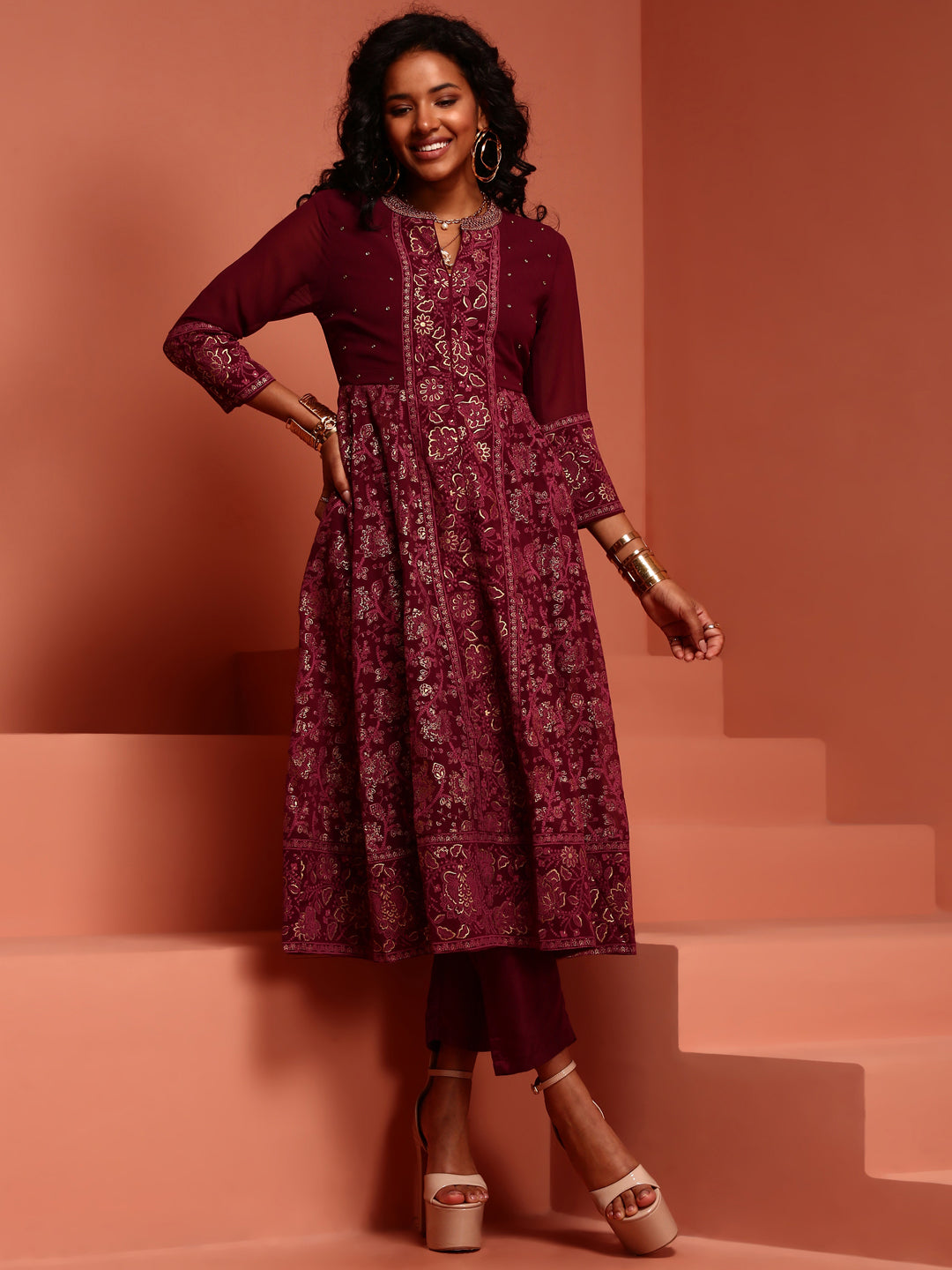 Maroon Printed Shantoon Gathered Kurta Set