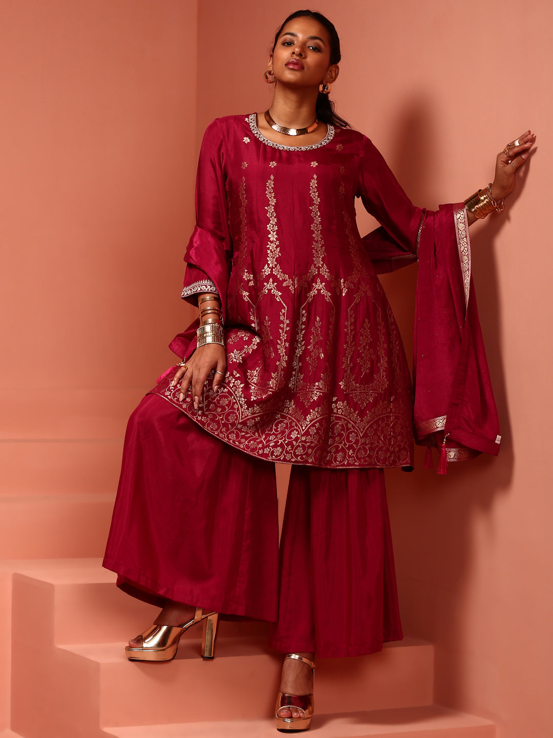 Maroon Brocade Kurta Set