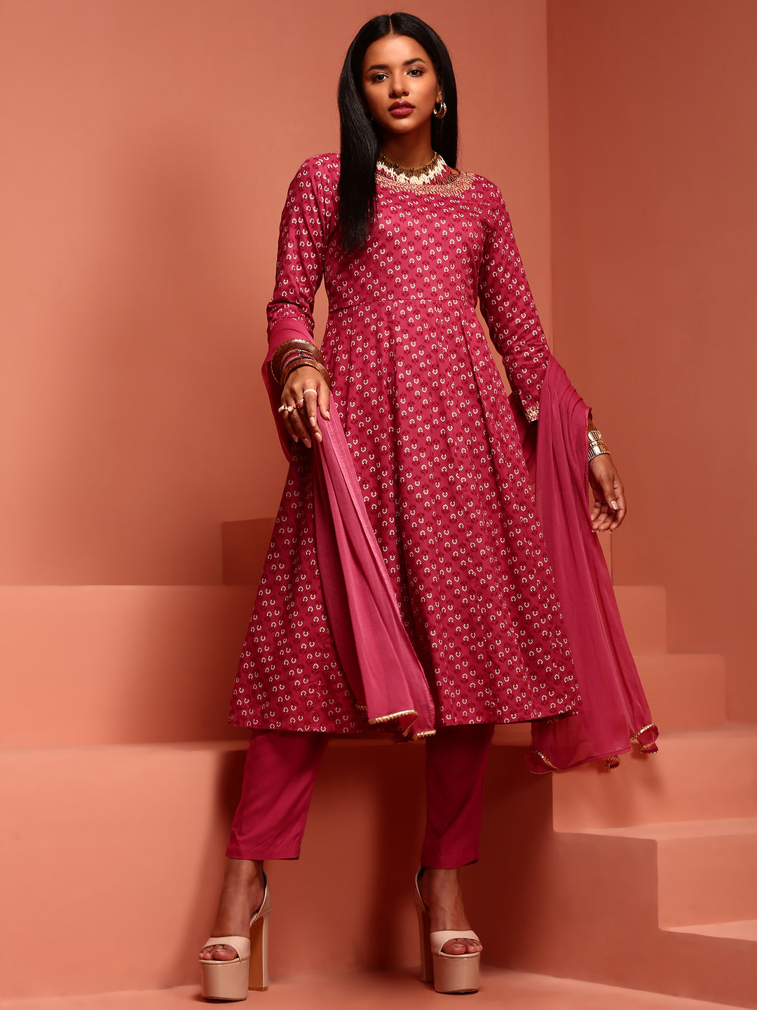 Dark Pink Printed Kurta Set