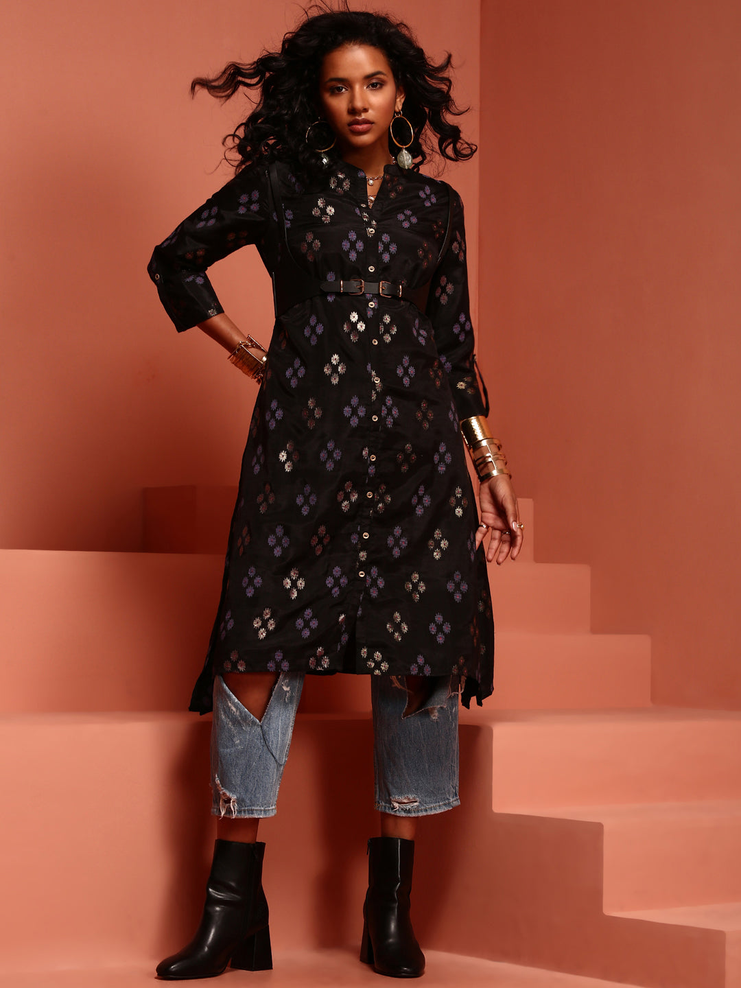 Black Straight Printed Kurta