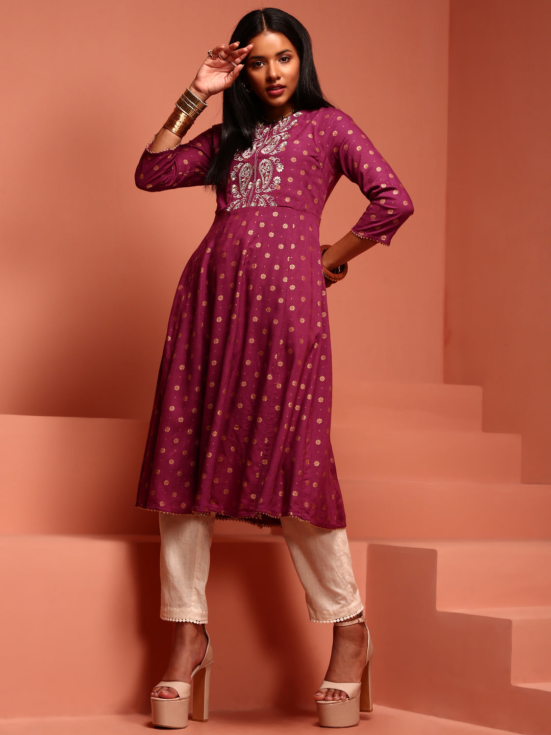 Purple Kalidar Printed Kurta