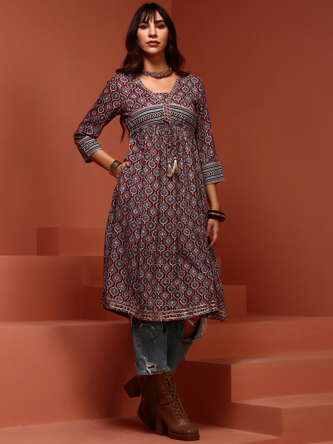 Red Printed Gathered Kurta