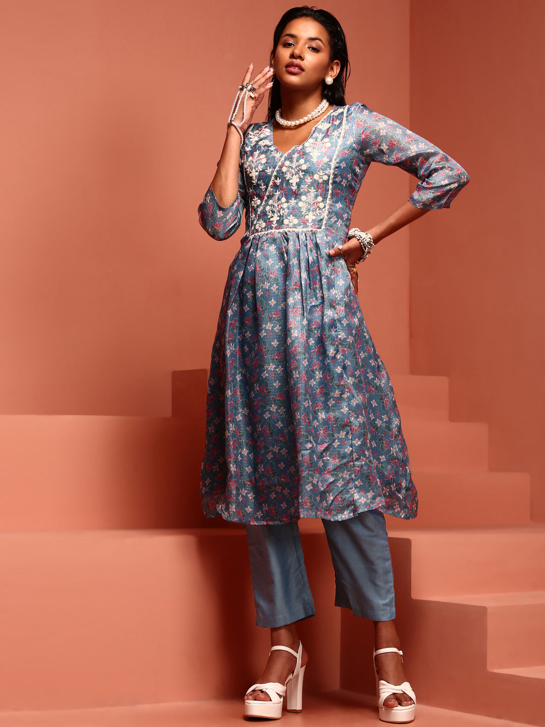 Blue Kota Embroidered Kurta Set