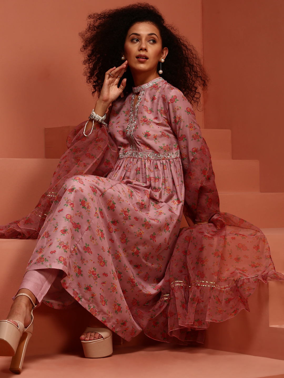 Peach Floral Gathered Printed Kurta Set