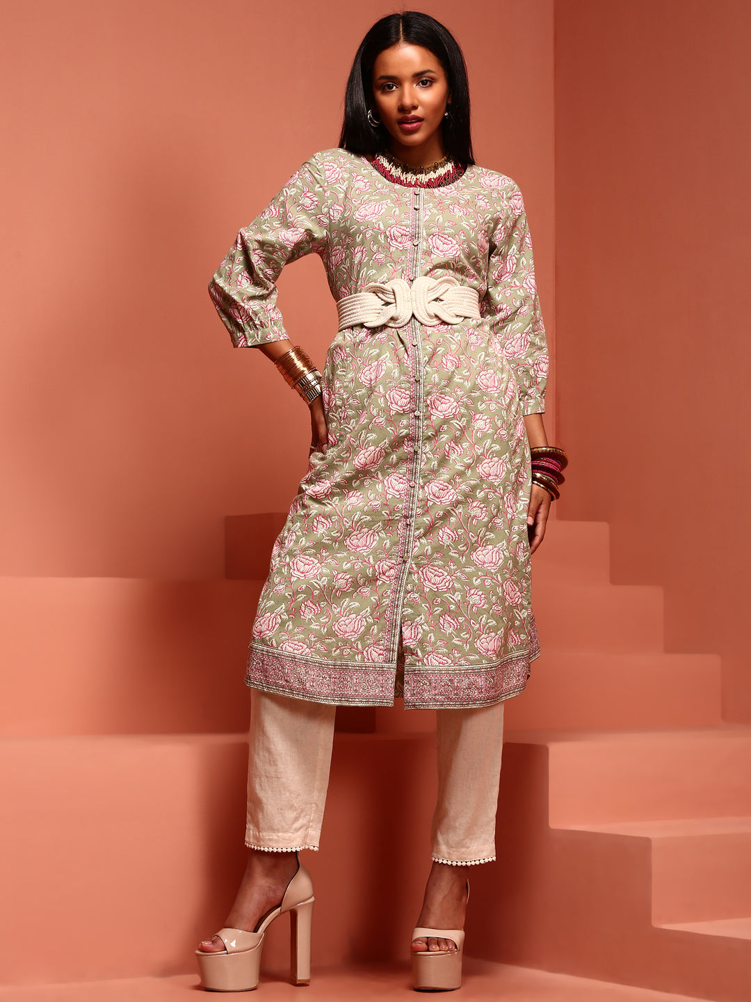 Green Printed Cotton Kurta