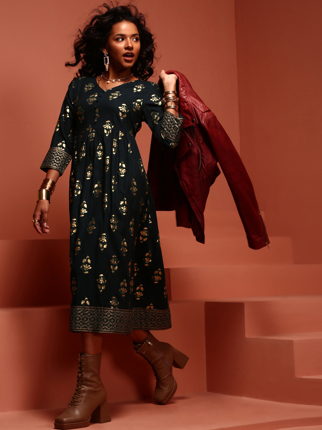 Teal Printed Rayon Kurta