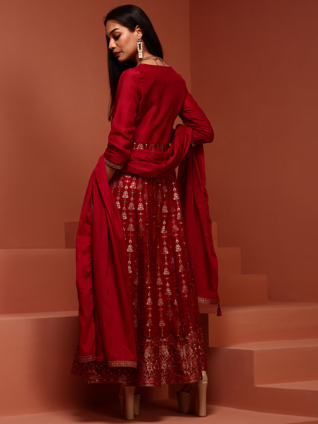 Red Kalidar Brocade Kurta Set