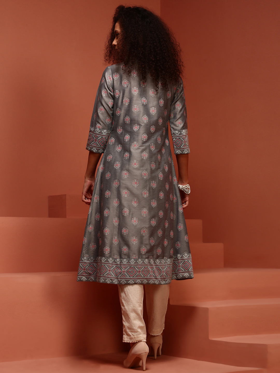 Grey Printed A-Line Kurta