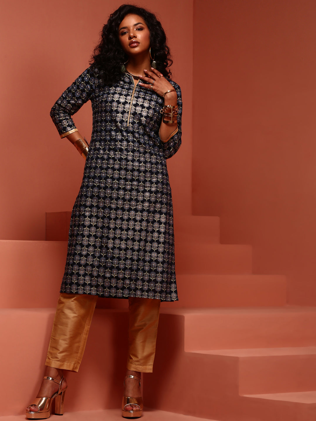 Navy Straight Printed Kurta