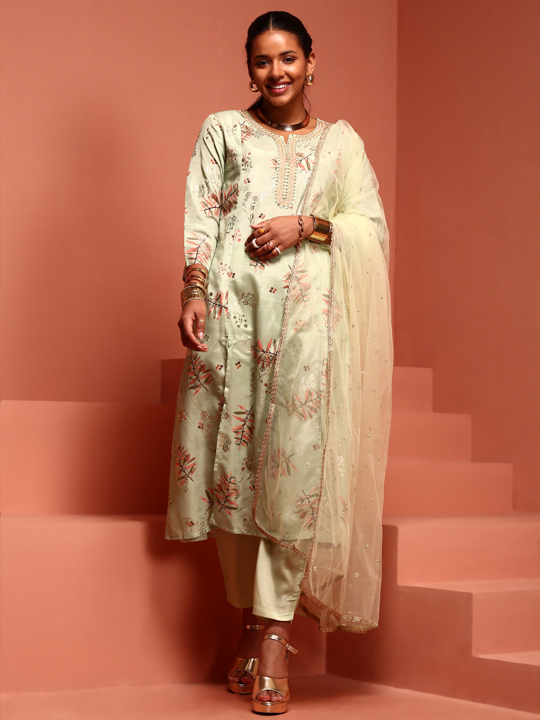 Mint A-line Printed Kurta Suit Set