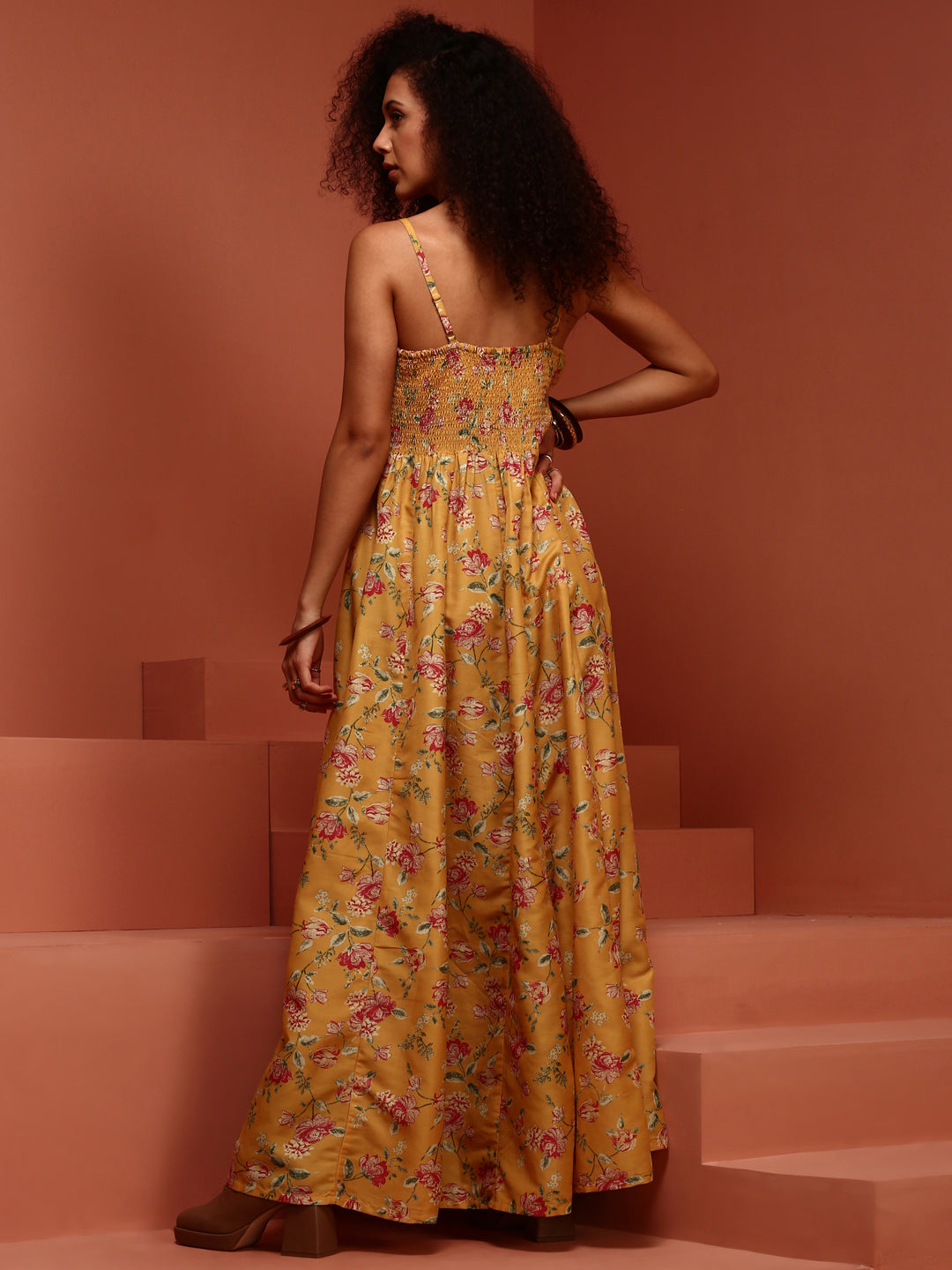 Yellow Printed Muslin Kalidar Dress