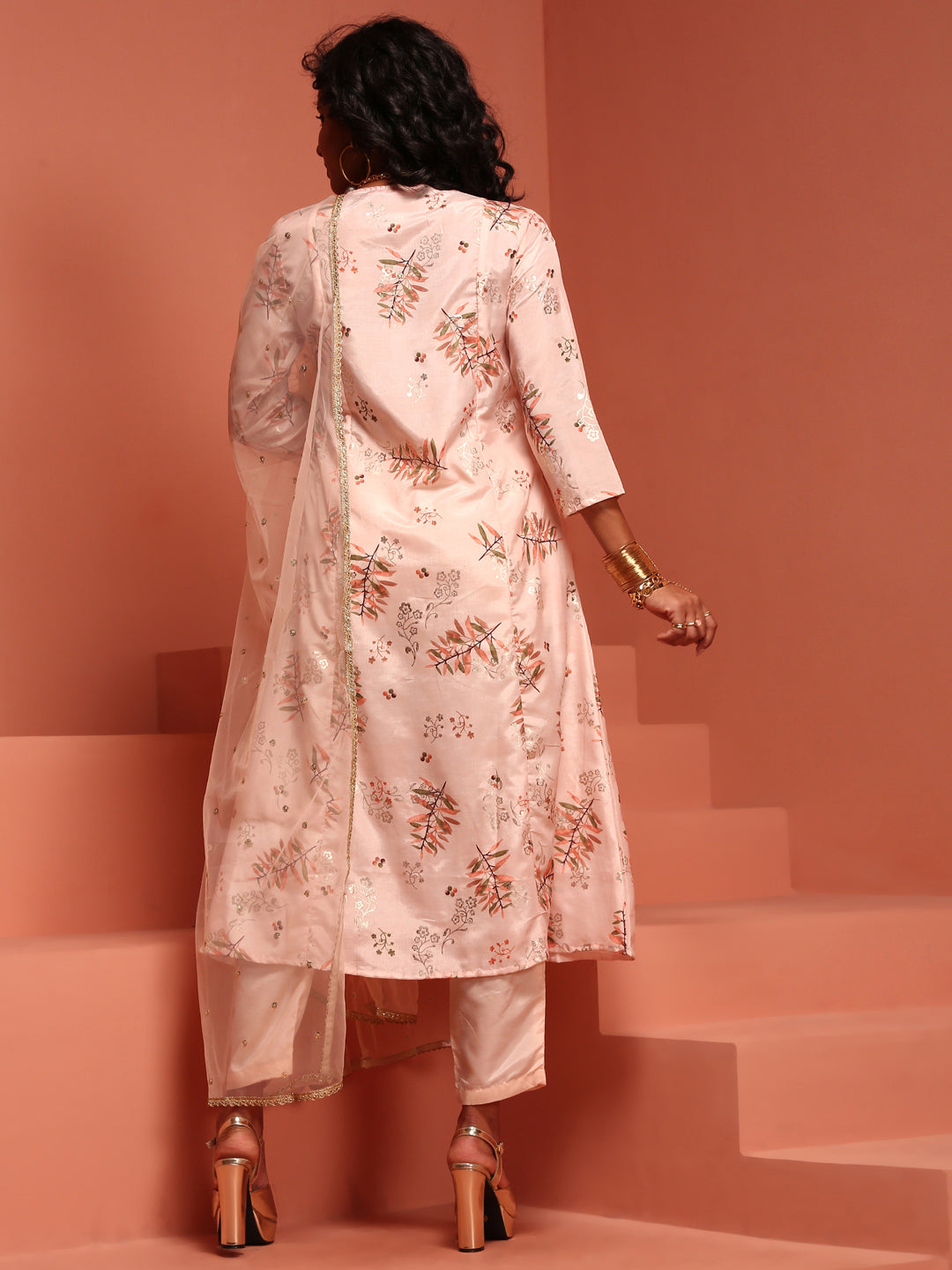 Peach Printed A-Line Kurta Set