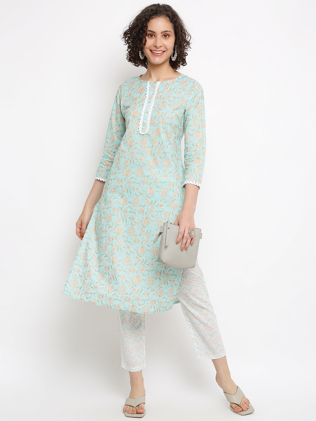 Block Floral Blue Kurta Set
