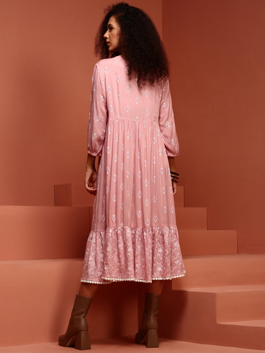 Light Pink A-line Chikankari Dress