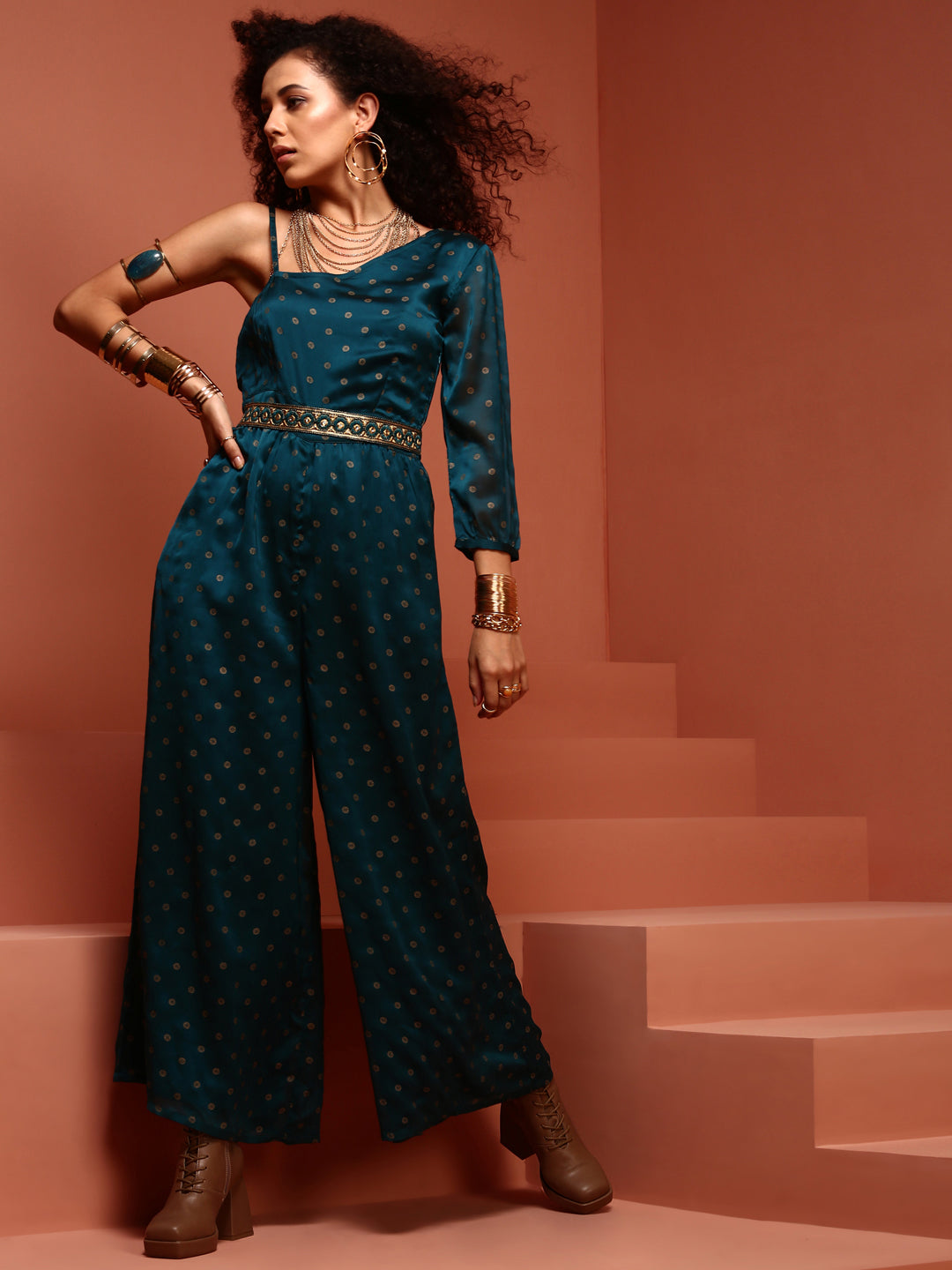 Teal Printed Chiffon One Shoulder Jumpsuit