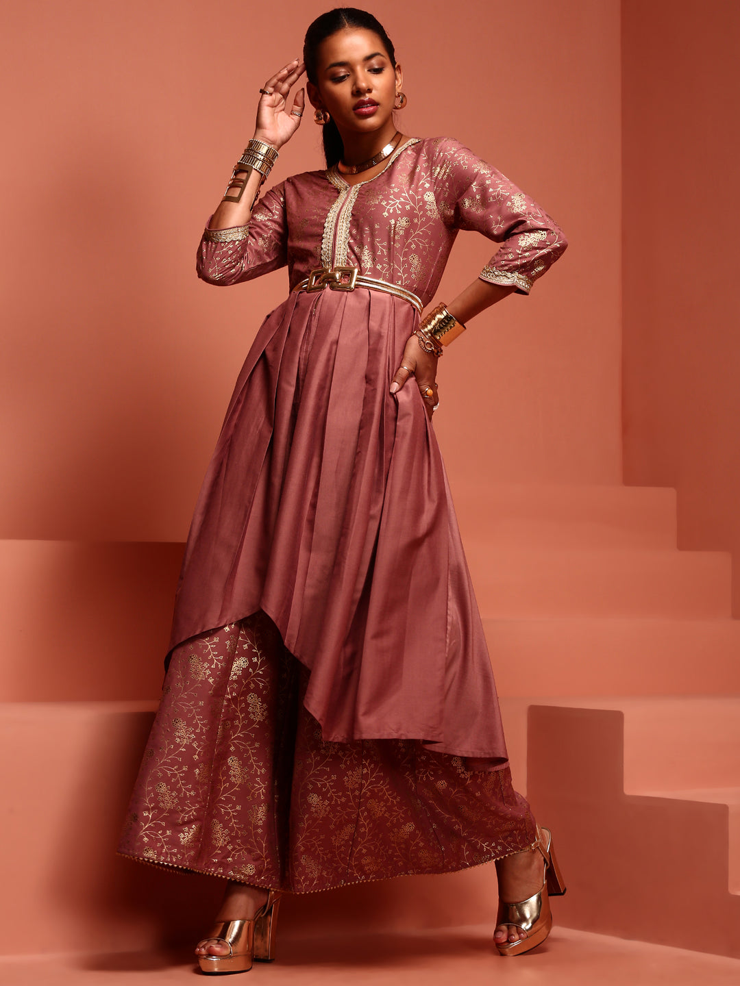 Pink Gathered Kurta Palazzo Set with Dupatta