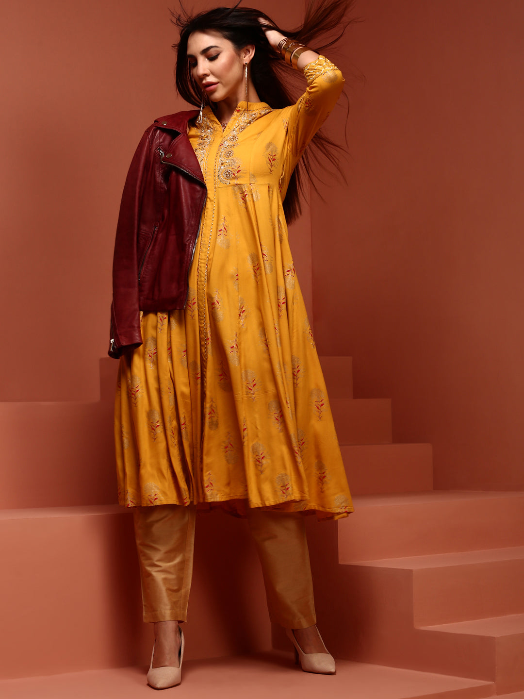 Yellow Printed Rayon Kurta