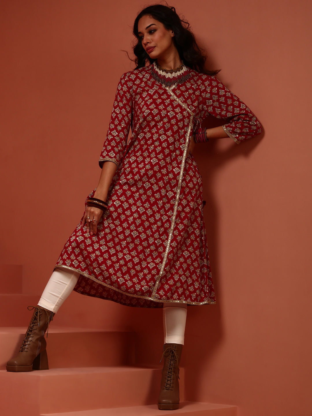 Maroon Printed A-line Kurta