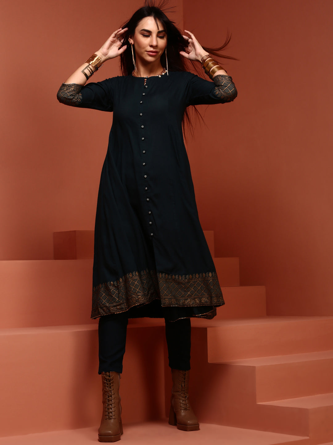 Teal Solid A-line Kurta