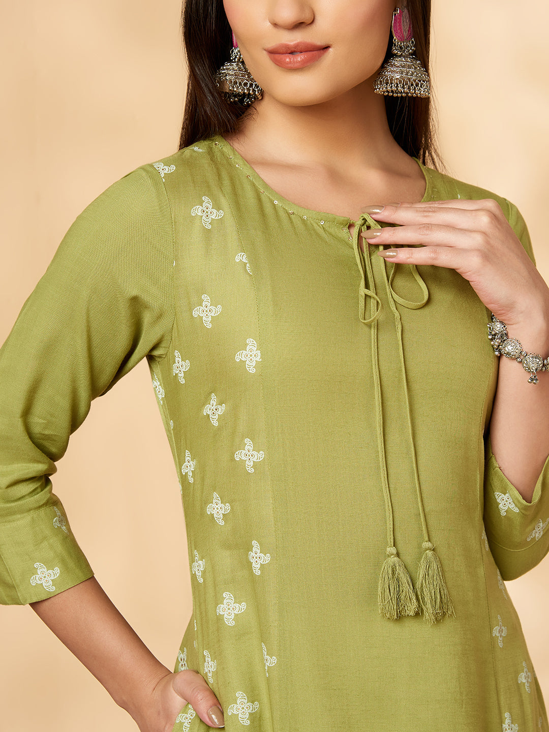 Printed A-line Lime Green Kurta